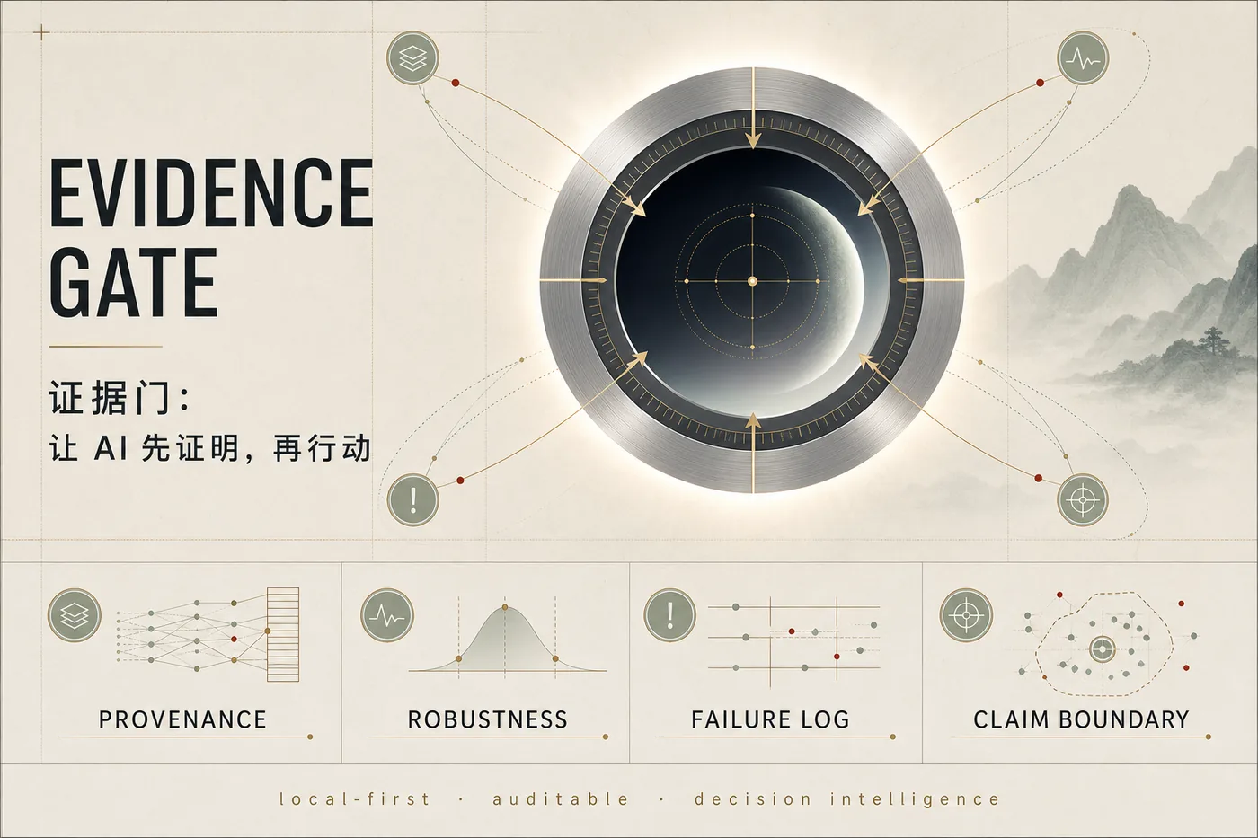 Evidence gate visual in black and gold.